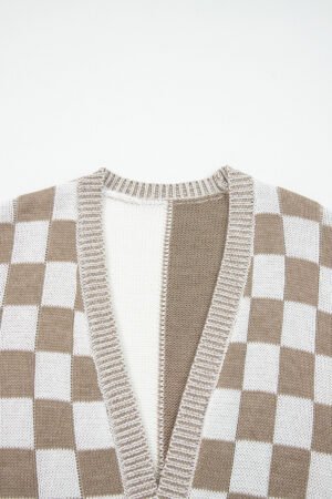 Brown Checkered Open Front Drop Shoulder Cardigan - Image 6