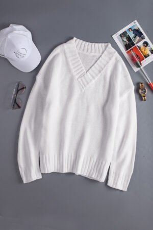 White V neck Drop Shoulder Knitted Sweater - Image 6