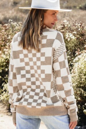 Khaki Checkered Print Drop Shoulder Round Neck Sweater - Image 3