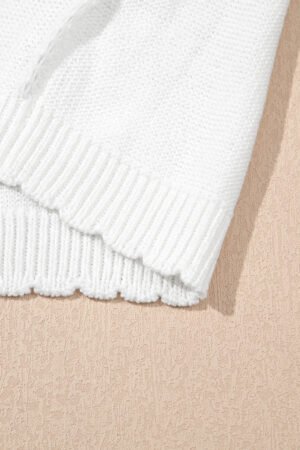 White Pointelle Knit Short Puff Sleeve Crewneck Sweater - Image 7