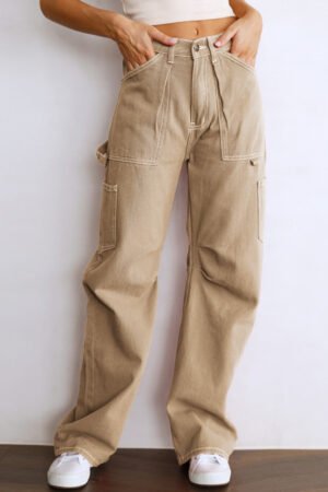 Khaki High Waist Straight Leg Cargo Pants with Pockets - Image 4