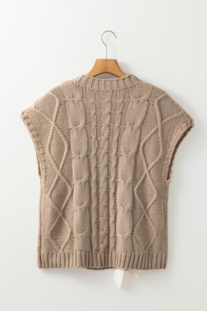 Simply Taupe Cable Knit Colorblock Satin Bowknot Short Sleeve Sweater - Image 5