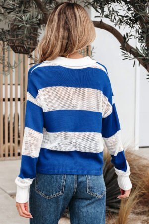 Blue Stripe Colorblock Polo Collar Eyelet Crochet Knitted Sweater - Image 10