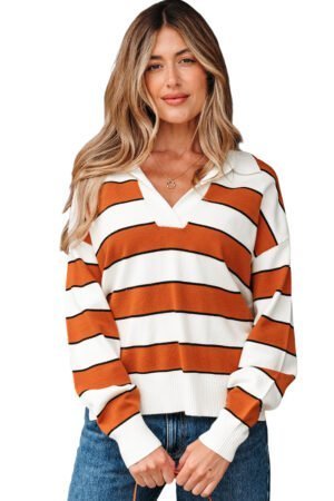 Brown Stripe Ribbed Polo Collar Drop Shoulder Sweater - Image 17