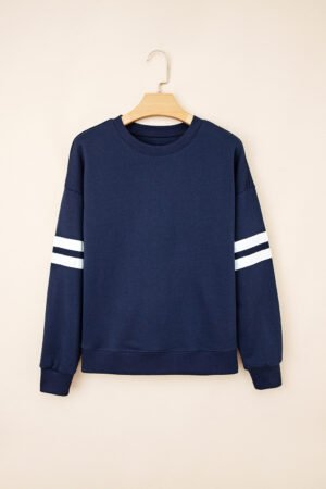Navy Blue Varsity Striped Detail Drop Shoulder Oversized Sweatshirt - Image 7