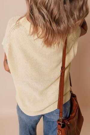 Oatmeal Solid Color Batwing Short Sleeve Round Neck Knit T Shirt - Image 3