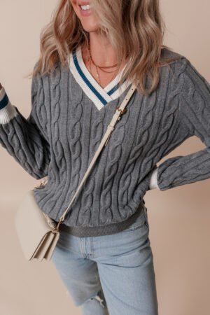 Medium Grey Color Contrast Ribbed Edge Cable Knit V Neck Sweater - Image 4