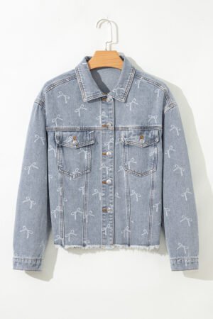 Sky Blue Bow Knot Print Light Wash Raw Hem Denim Jacket - Image 5