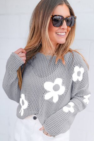 Light Grey Big Flower Hollowed Knit Drop Shoulder Sweater - Image 4