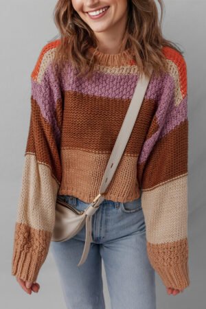 Multicolour Cropped Colorblock Drop Shoulder Knitted Sweater - Image 6