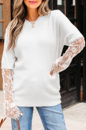 Beige Lace Sleeve Patchwork Faux Two-piece Fuzzy Sweater - Image 16