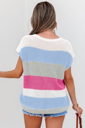 Light Blue Color Block Notch V Neck Sweater T Shirt - Image 3