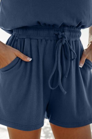 Ashleigh Blue Knit Open Back Cap Sleeve Drawstring Elastic Waistband Romper - Image 5