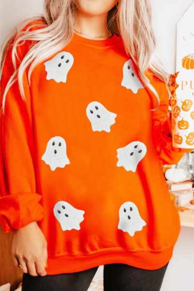 Orange Sequin Halloween Ghost Patched Drop Shoulder Sweatshirt
