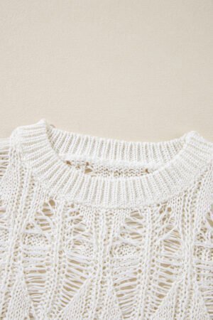 White Cut Out Crochet Crew Neck Loose Fit Sweater - Image 6