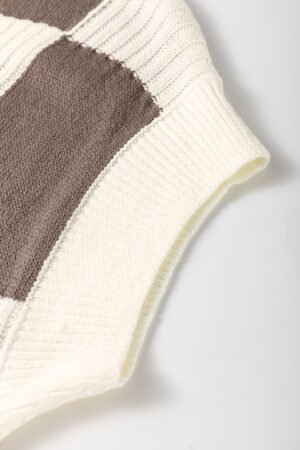 Khaki Checkered Color Block Crew Neck Short Sleeve Sweater - Image 8