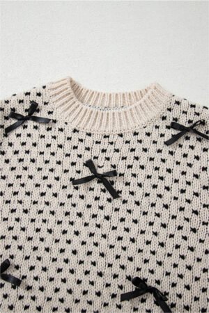 Beige Bow Decor Color Contrast Ribbed Edge Crew Neck Sweater - Image 6