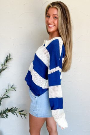 Blue Stripe Colorblock Polo Collar Eyelet Crochet Knitted Sweater - Image 3