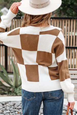 Khaki Checkered Pattern Ribbed Detail Button V Neck Sweater Cardigan - Image 10