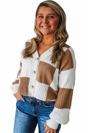 Khaki Checkered Pattern Ribbed Detail Button V Neck Sweater Cardigan - Image 18