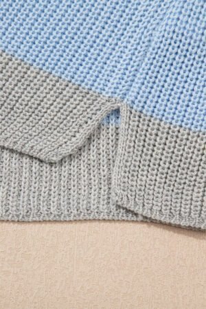 Light Blue Color Block Notch V Neck Sweater T Shirt - Image 7