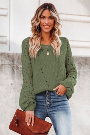 Green Hollow-out Puffy Sleeve Knit Sweater - Image 4