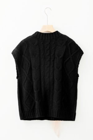 Black Cable Knit Colorblock Satin Bowknot Short Sleeve Sweater - Image 5