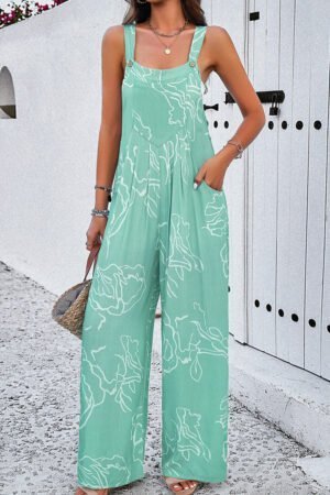 Moonlight Jade Printed Bib Wide Leg Overall - Image 4