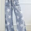 Light Blue Star Print Light Wash Drawstring Elastic Waistband Wide Leg Jeans