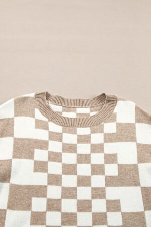 Khaki Checkered Print Drop Shoulder Round Neck Sweater - Image 6
