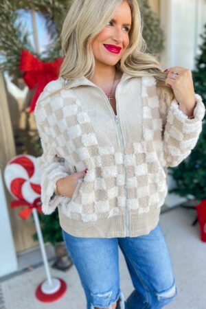 Khaki Checker Sherpa Corduroy Patchwork Zip up Collared Jacket - Image 7