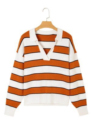 Brown Stripe Ribbed Polo Collar Drop Shoulder Sweater - Image 19