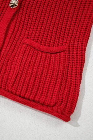 Fiery Red Solid Textured Knit Side Pockets Buttoned Sweater Vest - Image 8