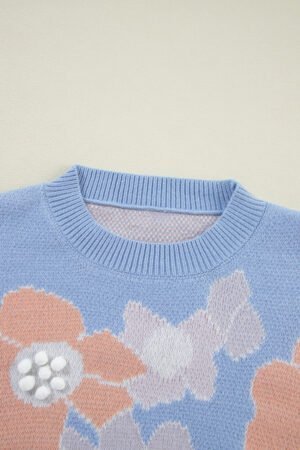 Beau Blue Floral O Neck Drop Shoulder Knitted Sweater - Image 7