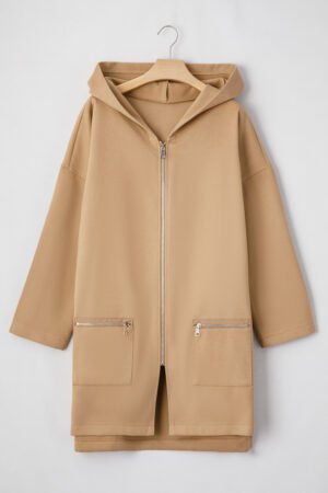 Light French Beige Solid Color Casual Zip up Hooded Coat - Image 4