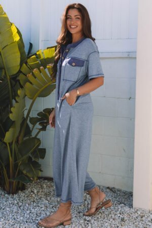 Beau Blue Half Placket Chest Pockets Short Sleeve Wide Leg Jumpsuit - Image 5