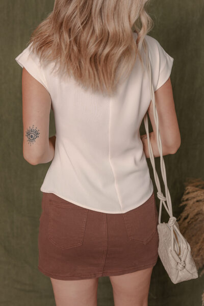 White Surplice V Neck Knotted Ruched Short Sleeve Peplum Blouse