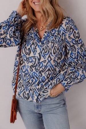 Blue Bohemian Print Embroidered V Neckline Detail Long Sleeve Shirt - Image 5