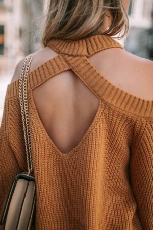 Brown Crew Neck Cold Shoulder Hollow-out Back Sweater - Image 5