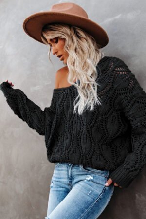 Black Crochet Knit Ribbed Hem Hollow-out Sweater - Image 4