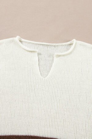 Brown Striped Accent Notched V Neck Cropped Sweater T Shirt - Image 7