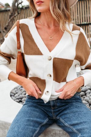 Khaki Checkered Pattern Ribbed Detail Button V Neck Sweater Cardigan - Image 16