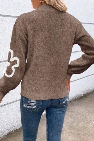 Parchment Contrast Flower Half Zipper Stand Neck Sweater - Image 3