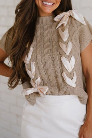 Simply Taupe Cable Knit Colorblock Satin Bowknot Short Sleeve Sweater - Image 3