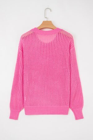 Sachet Pink Sweet Bow Decor Hollow Out Knitted Drop Shoulder Sweater - Image 4