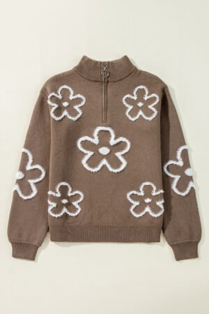 Parchment Contrast Flower Half Zipper Stand Neck Sweater - Image 5