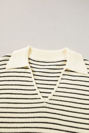 Beige Stripe Turn-down V Neck Sweater Tank Top - Image 6