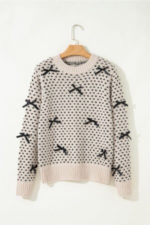 Beige Bow Decor Color Contrast Ribbed Edge Crew Neck Sweater - Image 5