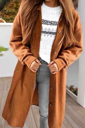 Gold Flame Textured Collared Drop Shoulder Buttoned Front Duster Coat - Image 2