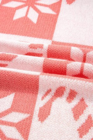 Pink Candycane Snowflake Checker Christmas Holiday Drop Shoulder Tunic Loose Sweater - Image 8